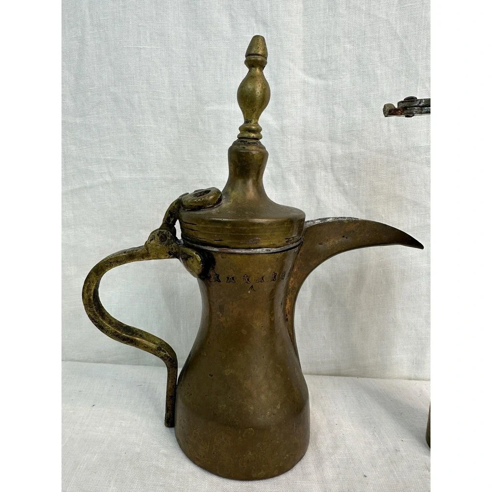 Vintage Islamic Turkish Brass Dallah Coffee Pot and Coffee Grinder Set Gold